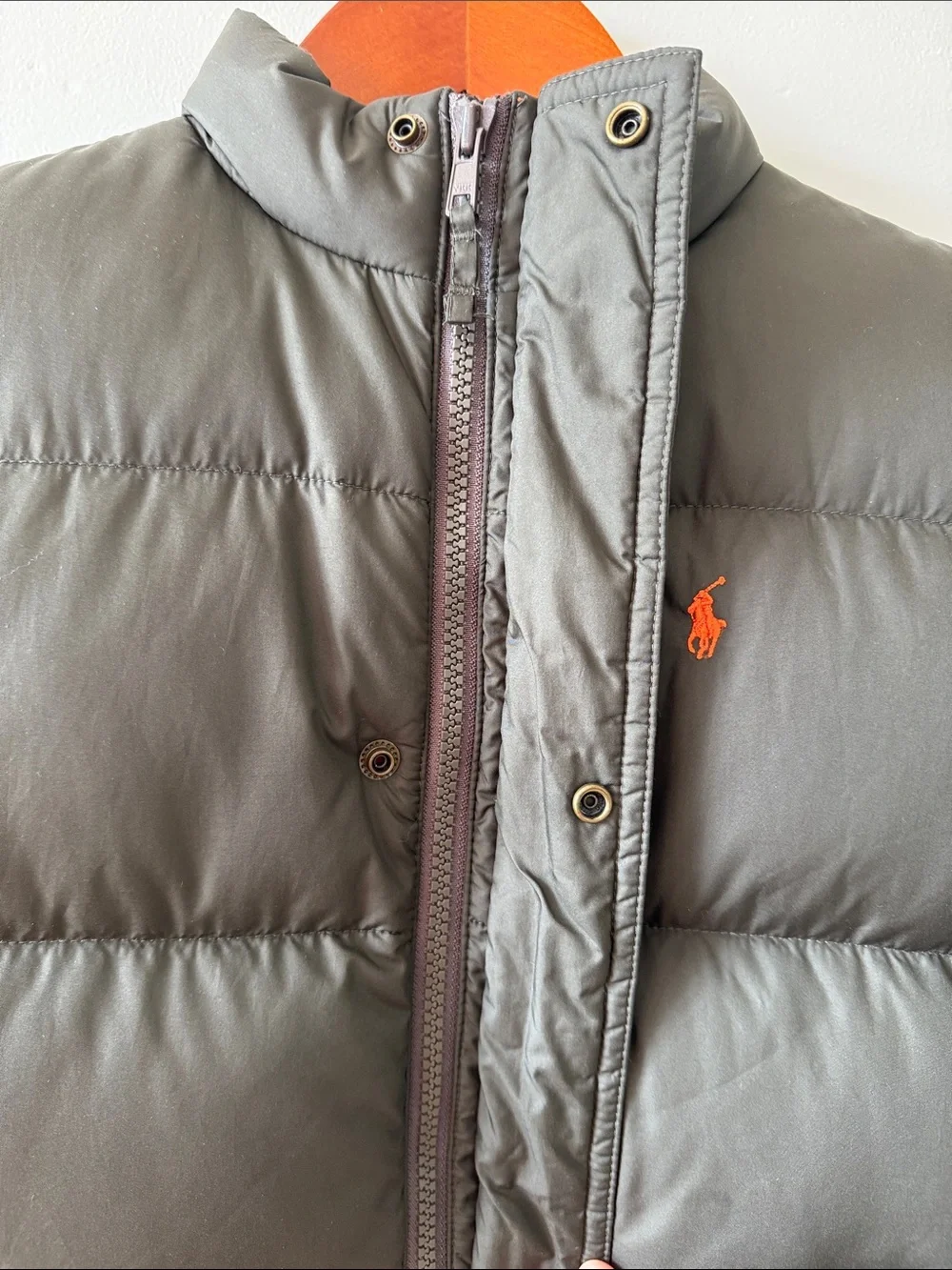 Ralph Lauren Boys Olive Green Quilted Puffer Vest with Orange Polo Pony